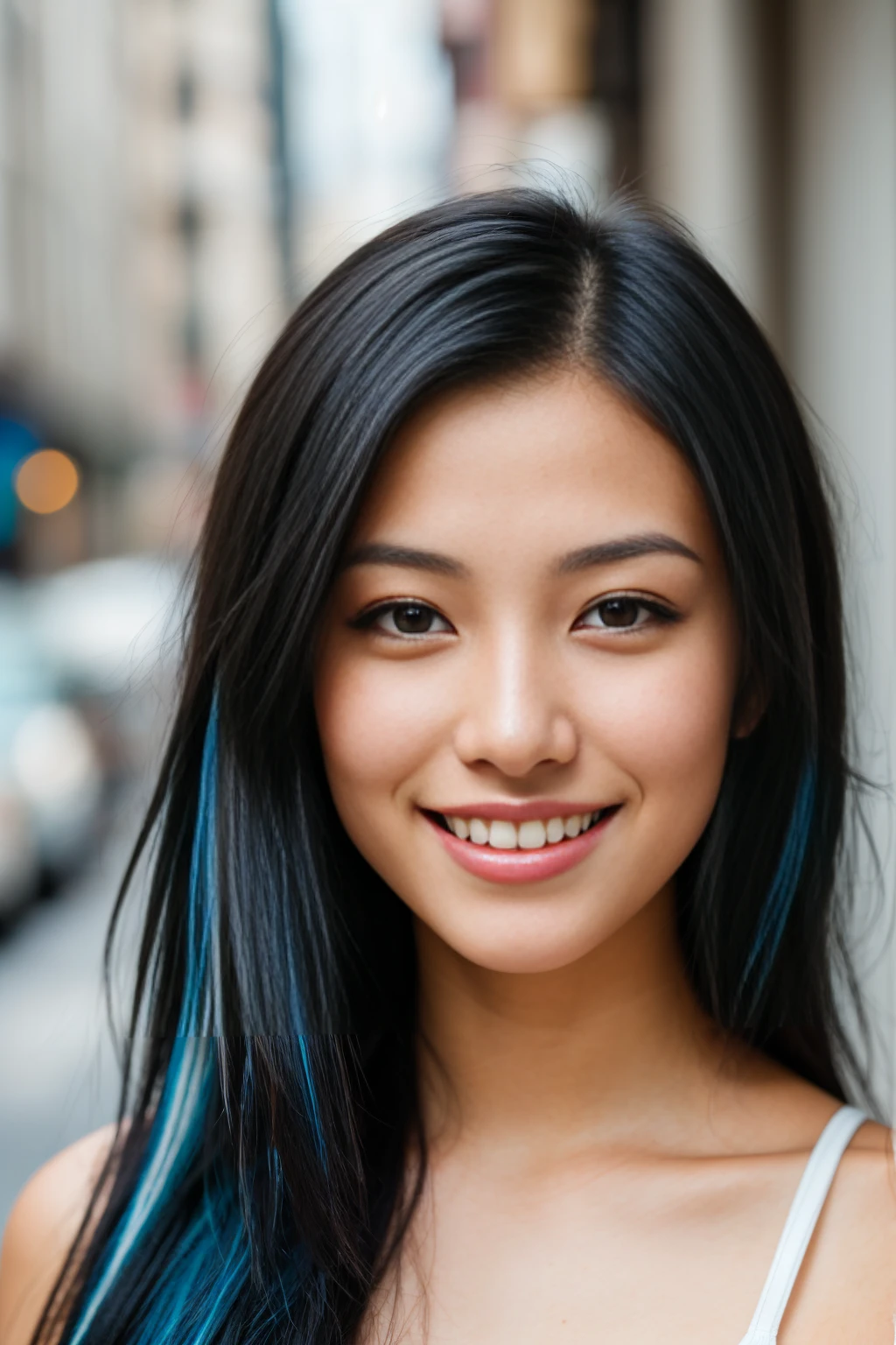arafed woman with long black hair with deep blue highlights in new york city, flowing black hair, with black hair, photo of a beautiful woman, long flowing black hair, black golden hair, curly black hair, beautiful young asian woman, beautiful asian woman, wild ginger hair, black wispy hair, light black hair, a young asian woman, an asian woman, infp young woman, Portrait photo of a 24-year-old french girl in RAW UHD format (Brown-eyed woman), Details (textures! , Hair! , glistering, Color!! , imperfections: 1.1), DSLR Lighting, SLR camera, Ultra-Quality, sharpness, Film grain (Downtown), Fujifilm XT3, Crystal clear, Frame Center, beatiful face, ((sharp-focus)), bokeh (lit), day time, (open sky), detailed skin pores, oilly skin, suntan, Complex eye details, beautiful face, (((smiling))),