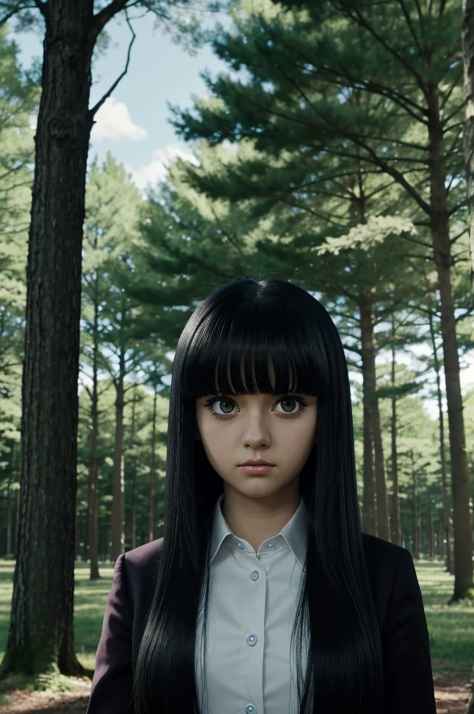 Mob Psycho 100 screenshot of a long haired girl, black bangs, big eyes with long eyelashes with big eyelashes, He uses a Japanese high and a background of trees