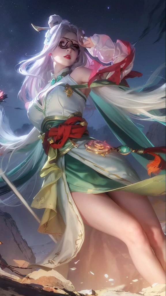 face lighting,bright backlight,super high resolution,best quality,Photos,4k,(Realistic:1.2),Diffuse light,Dynamic Shadows,1girl,(the third eye:1.3),horns,(pale skin:1.4),White hair,Black Hair,Colorful Hair,(white hair:1.2),long hair,(night:1.2),green lingerie,