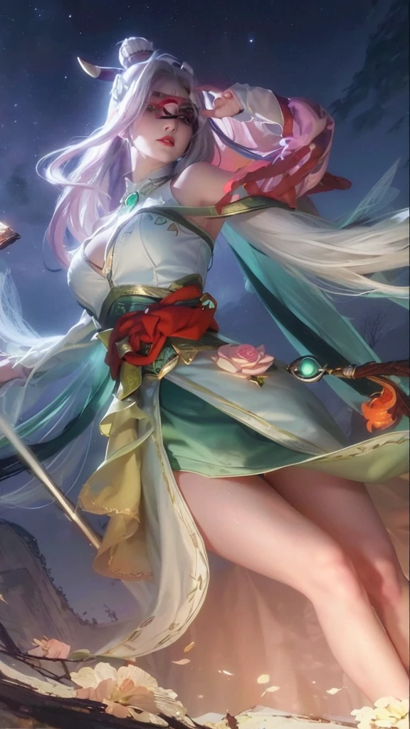 face lighting,bright backlight,super high resolution,best quality,Photos,4k,(Realistic:1.2),Diffuse light,Dynamic Shadows,1girl,(the third eye:1.3),horns,(pale skin:1.4),White hair,Black Hair,Colorful Hair,(white hair:1.2),long hair,(night:1.2),green lingerie,