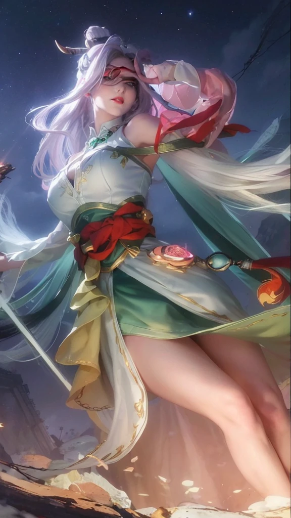 face lighting,bright backlight,super high resolution,best quality,Photos,4k,(Realistic:1.2),Diffuse light,Dynamic Shadows,1girl,(the third eye:1.3),horns,(pale skin:1.4),White hair,Black Hair,Colorful Hair,(white hair:1.2),long hair,(night:1.2),green lingerie,