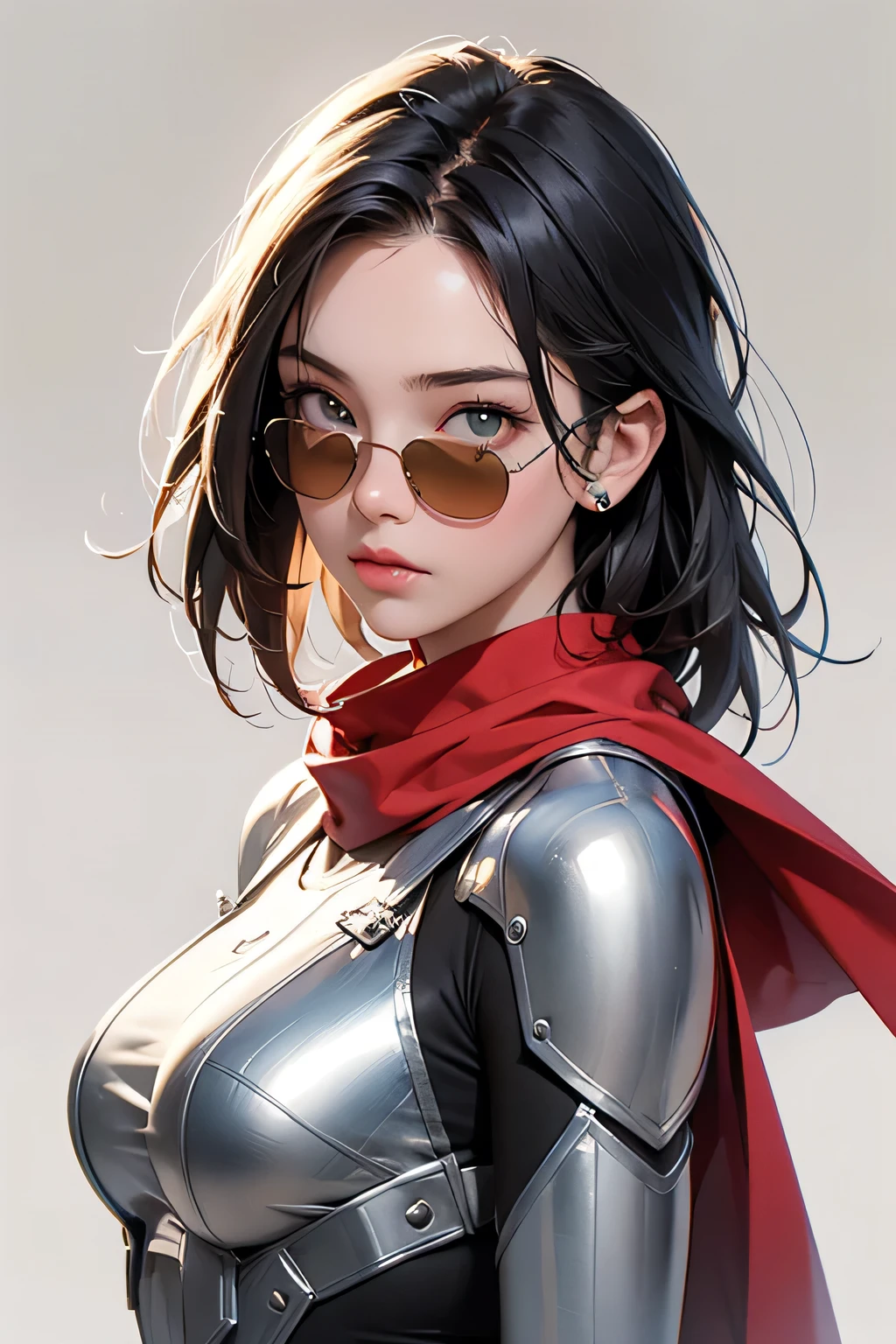 (masterpiece, best quality, 8k wallpaper, high resolution, ultra realistic) , 2 women, 2 girls with sunglasses, 18 years old, black hair (long hair, short hair), 8k, RAW portrait (Japanese woman), masterpiece, photorealistic: 1.3, realistic, ultra high resolution, best quality, real life photo, (in the evening: 1.1), ((((1 girl: 1.5))))(cute face: 1.3), perfect proportions, 80s oversized sunglasses, long hair, steampunk, Col: white/green, face retouch, labrador, robot suit, chrome skin, savvy, anime cosplay, cyber enhanced, skin color – silver, slim bodysuit, red scarf, light colored background, two people posing.
