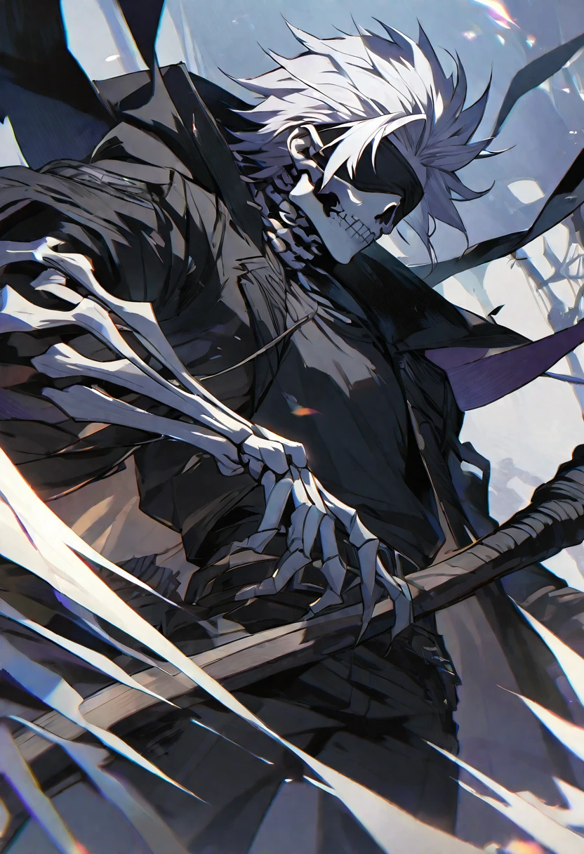 Solo, 1 male, white hair, black blindfold, black shirt, black coat, skeleton scythe