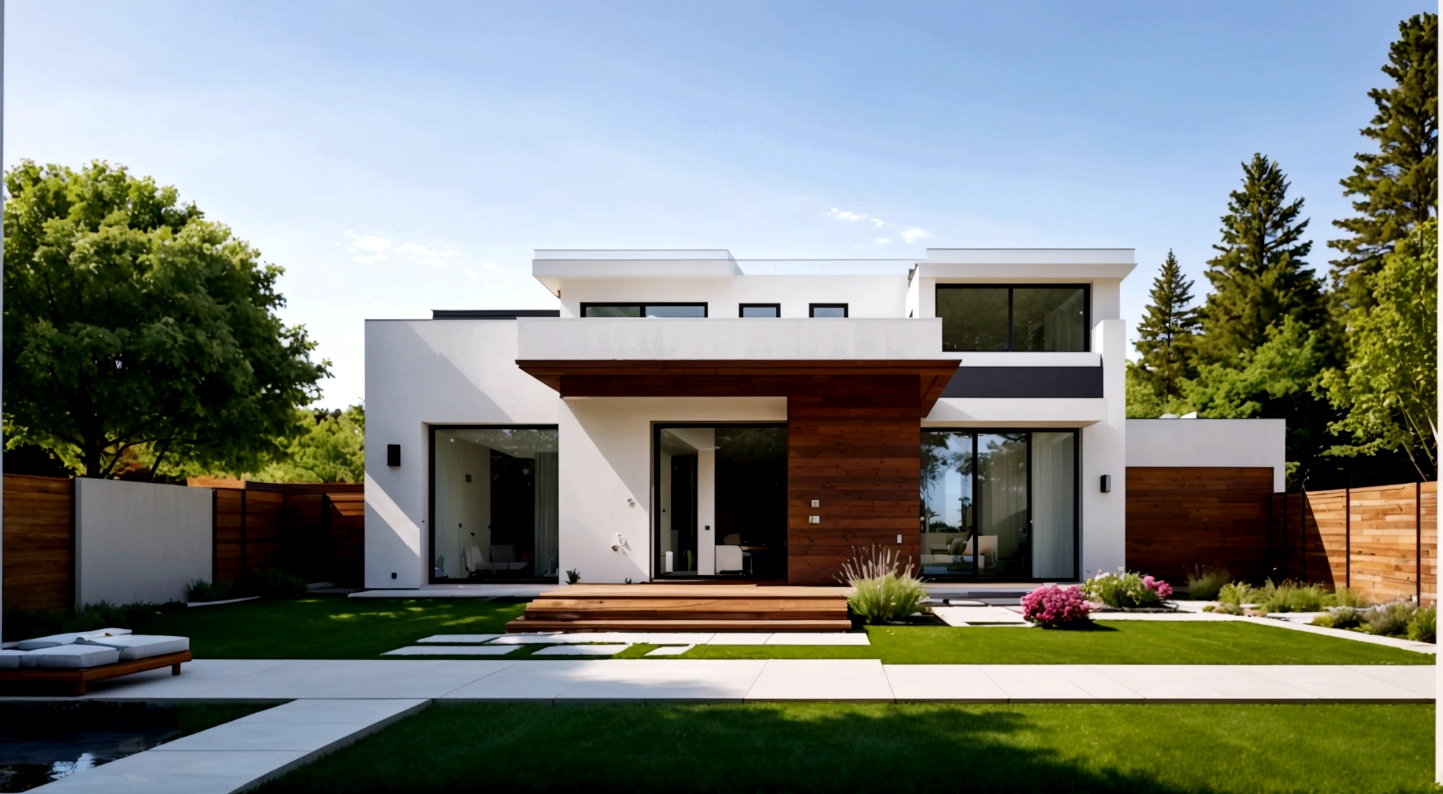 A single-story modern house with a flat roof, featuring white and brown walls with decorative stone elements. The house has large glass doors and windows, wooden ceilings, and is surrounded by trees, flowers, and a grassy lawn. The scene is bathed in soft, gentle light at midday. The interior is modern and simple, photorealistic, 8K, ultra high res
