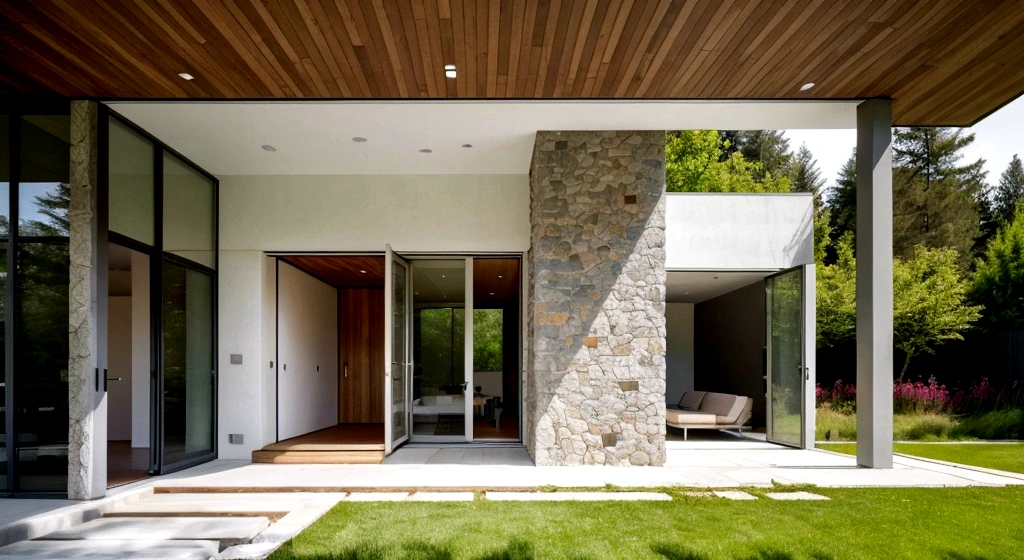 A single-story modern house with a flat roof, featuring white and brown walls with decorative stone elements. The house has large glass doors and windows, wooden ceilings, and is surrounded by trees, flowers, and a grassy lawn. The scene is bathed in soft, gentle light at midday. The interior is modern and simple, photorealistic, 8K, ultra high res