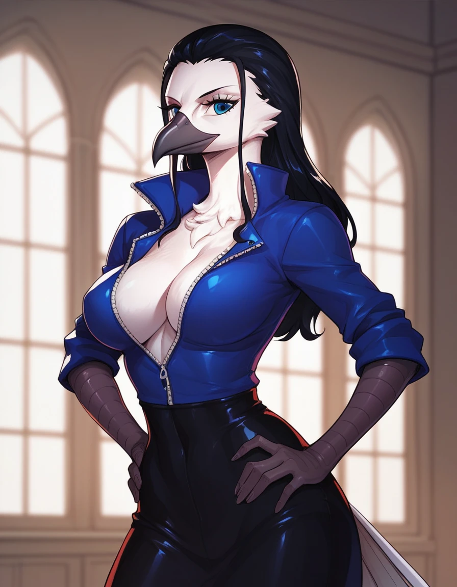 Solo, Score_9, score_8_up, score_7_up, Nico robin, black hair, blue eye, avian, she is an Anthro robin girl, standing, indoors, avian ears,