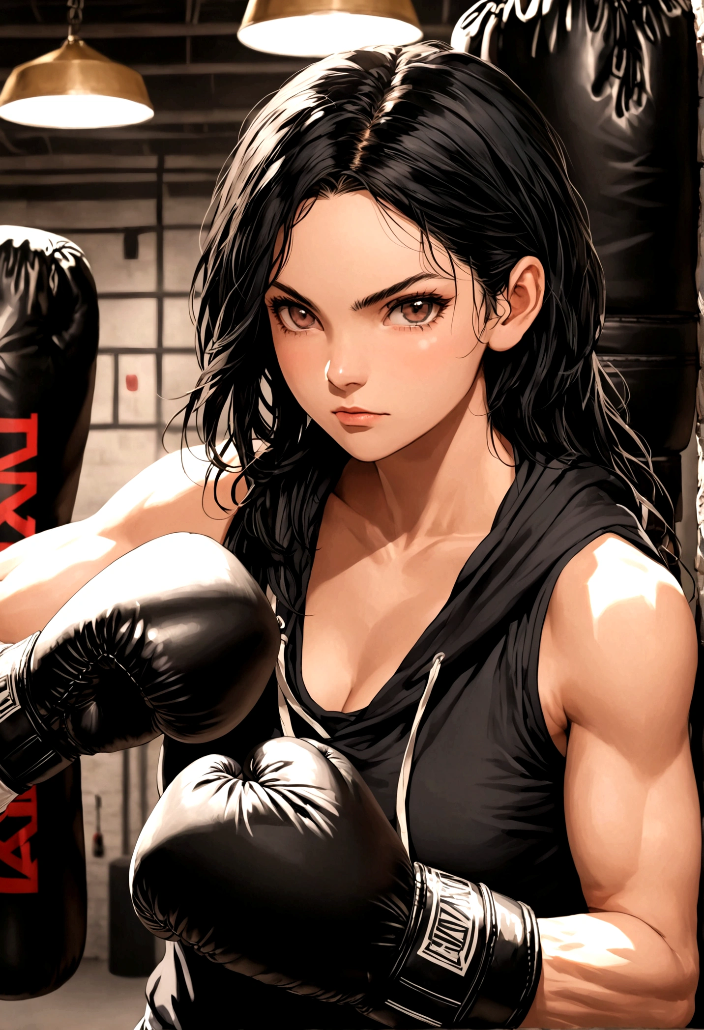 Woman boxer, long black hair, handsome face, boxing gloves, sleeveless hoodie, toned, boxing stance, long black pants, looking at viewer