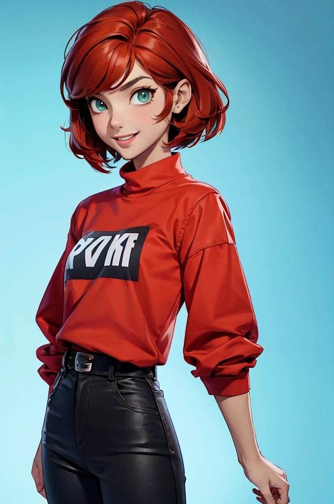 (work of art), ((sfw)), best qualityer, expressive eyes, face perfect, , (1 girl,, young adult, pretty girl, flat body), standing alone, Messy Short Red Hair Wolf Cut Hair, green eyes BREAK (skin tanned, tanned male), cowboy shot, ssmile, ssmile, BREAK red t-shirt BREAK black pants standing, :d, ssmile
