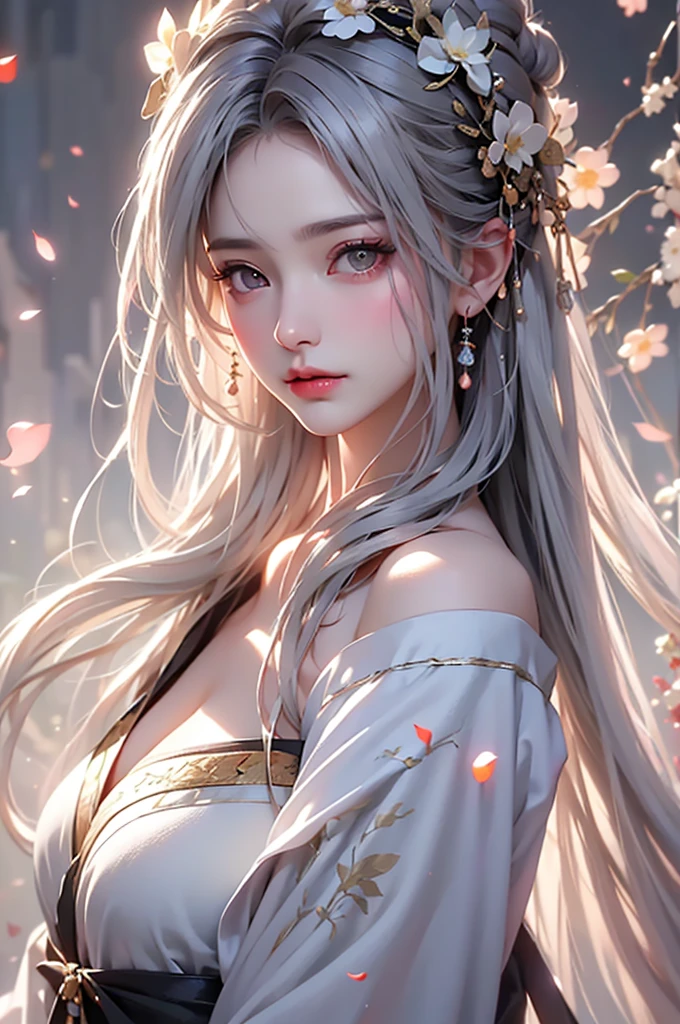 super high quality, masterpiece, Perfect illustration, Very detailed (Exquisite light and shadow, Very dramatic photo,Backlight) , ((Gray Hair:1.5))1 Girl,(( alone:1.6)), (Wearing Han clothes, Black and white Hanfu,Monotony,Long sleeve) Flower Field, Flowers, (White smoke:1.3) (Realistic:1.4), Zen Intertwining, Tangled, Official Art, unity 8k wallpaper, Very detailed, Beautiful and beautiful, masterpiece, Highest quality, (Dynamic Angle: 1.4), Glowing Skin, (Floating colorful flashes: 1) The most beautiful chaotic shapes, elegant, Brutalist Design, Bright colors, Romantic Depth of Field Exotic_dance, half_、(Off the shoulder:1.4, Expose your shoulders、Ample breastiful cleavage)(si