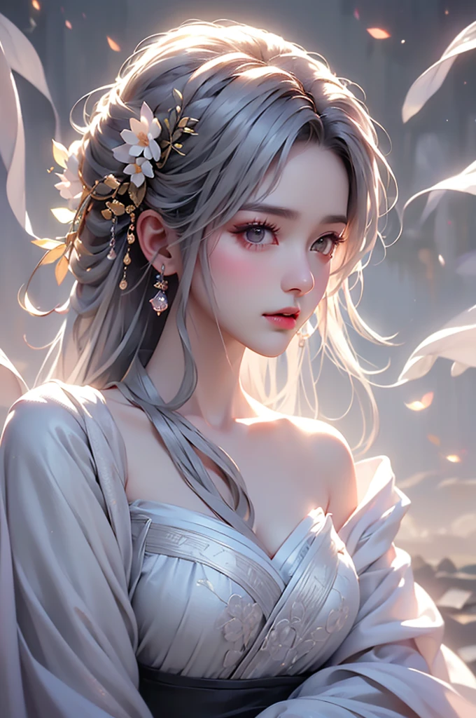 super high quality, masterpiece, Perfect illustration, Very detailed (Exquisite light and shadow, Very dramatic photo,Backlight) , ((Gray Hair:1.5))1 Girl,(( alone:1.6)), (Wearing Han clothes, Black and white Hanfu,Monotony,Long sleeve) Flower Field, Flowers, (White smoke:1.3) (Realistic:1.4), Zen Intertwining, Tangled, Official Art, unity 8k wallpaper, Very detailed, Beautiful and beautiful, masterpiece, Highest quality, (Dynamic Angle: 1.4), Glowing Skin, (Floating colorful flashes: 1) The most beautiful chaotic shapes, elegant, Brutalist Design, Bright colors, Romantic Depth of Field Exotic_dance, half_naked、(Off the shoulder:1.4, Expose your shoulders、Ample breasts、Beautiful cleavage)(side view)