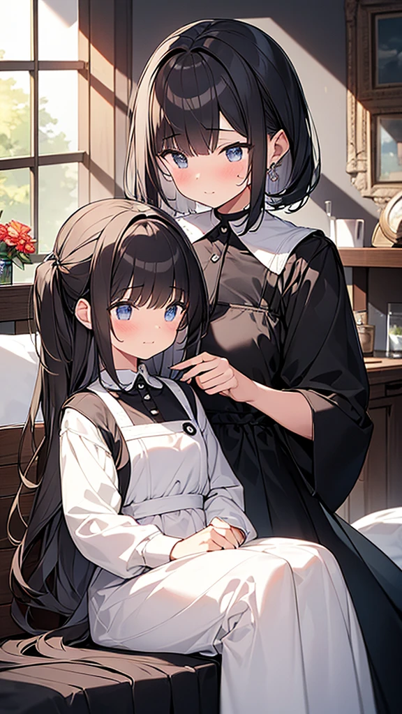 ((masterpiece)), (Highest quality、32k), (Simple style), (Faceless,Face peeling), 2 Girls, A faceless young lady and her maid with a young lady's face, Big Breasts, Big Swing Chest, Wearing a face stolen from someone else, Sexy body, Sleeveless, No sleeve, Off the shoulder, Black Dress, Pleated lace, Lace dress, black knee socks. Standing, whole body, both hands touch the face, Luxurious Room, {{A young lady who used her face-peeling ability to peel off the face of a young lady, leaving her face blank, and a maid who transplanted the peeled face onto her own face.}}, Browsing Caution, NSFW