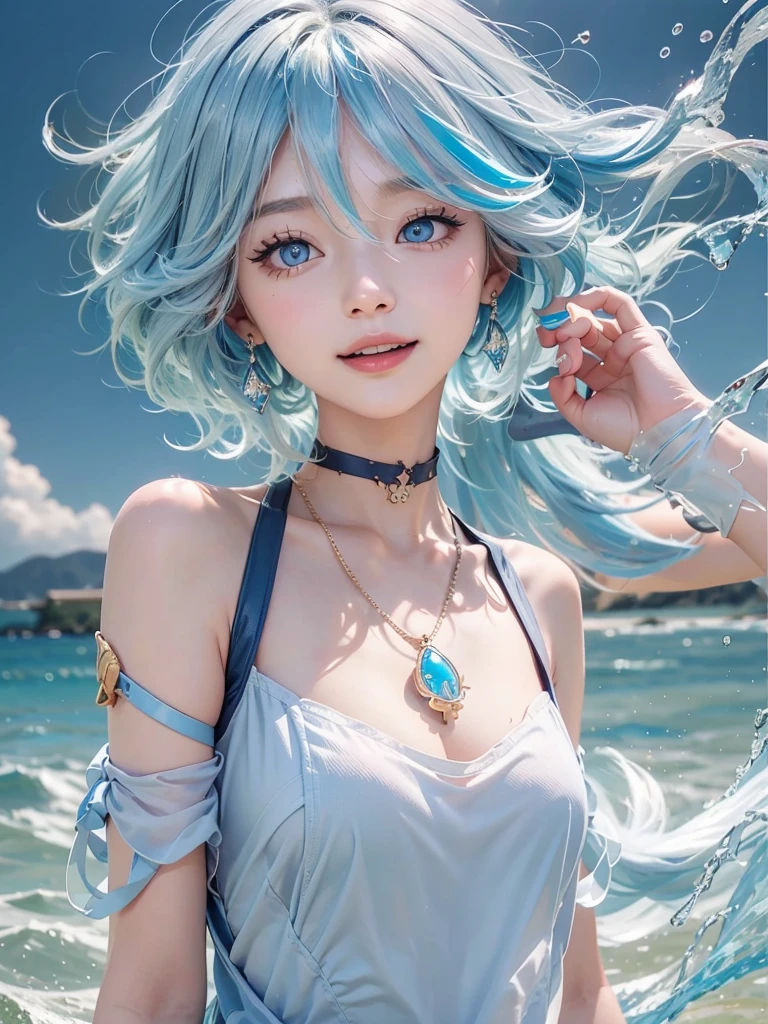 1girl、独奏、looking at the audience、Smile、medium long hair、open mouth、bangs、blue eyes、bare shoulders、jewelry、Upper body、blue hair、earrings、O cabelo multicolorido、collar、virtual_youtuber、vest、water、Off the shoulders、striped hair、tattoo、Floating hair、Headband、Beautiful detailed sky,Beautiful and delicate water,泼water,Sunlight,Ray tracing,masterpiece,facing the camera