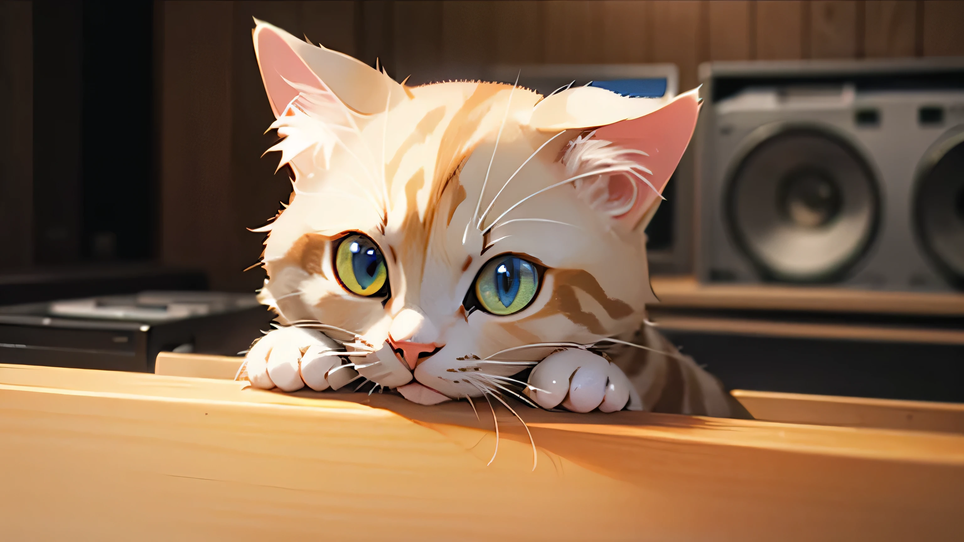 Room with speakers、、Realistic close-up of a cat、noon