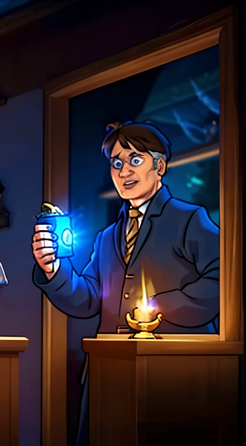 (The man from the Harry Potter universe is in the classroom), A look of determination,A vibrant classroom of magical and mysterious potions, magic book, Cast a magic wand, Flashing spell effect, Spin the mantle, Engaging lectures, Engaging storytelling, enigmatic atmosphere, flickering candlelight, Spells and charms, Wonderful exams, Wizard Test, Preparing potions, intense concentration, magical artifacts, enchanting spell, Engaging course。"