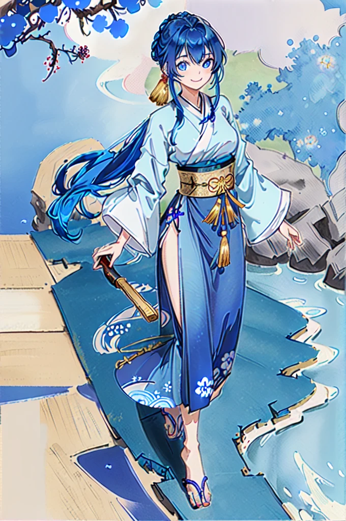 ru_qun, hanfu, best quality, masterpiece, extremely detailed, anime, 1girl, short girl, (blue hair, blue eyes:1.4), long hair, smile, tulle clothes, silk clothes, embroidery accessory, chinese knots, happy, smile, closed mouth, blue flower vines, gems, gold accessory,  