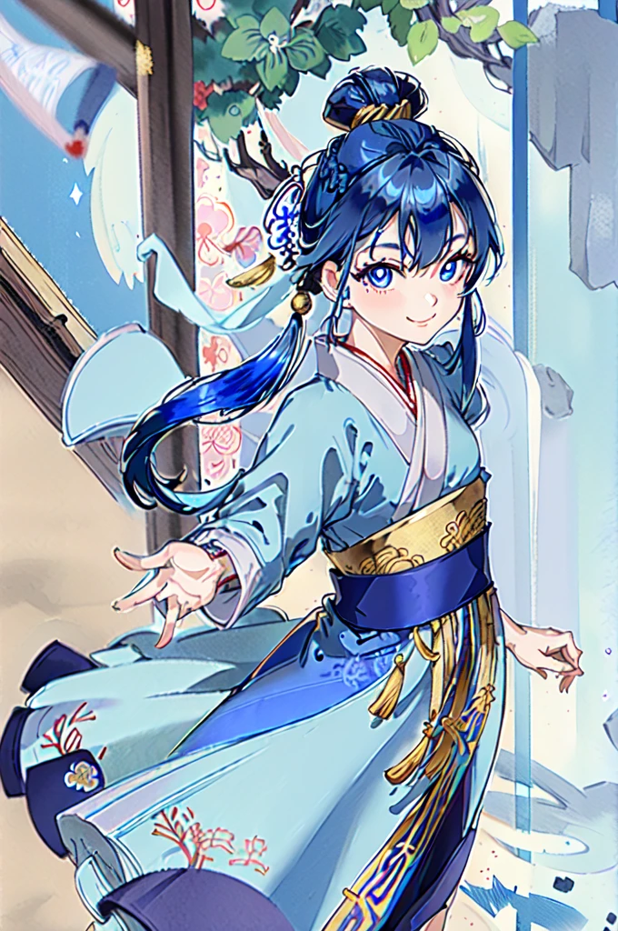 ru_qun, hanfu, best quality, masterpiece, extremely detailed, anime, 1girl, short girl, (blue hair, blue eyes:1.4), long hair, smile, tulle clothes, silk clothes, embroidery accessory, chinese knots, happy, smile, closed mouth, blue flower vines, gems, gold accessory,