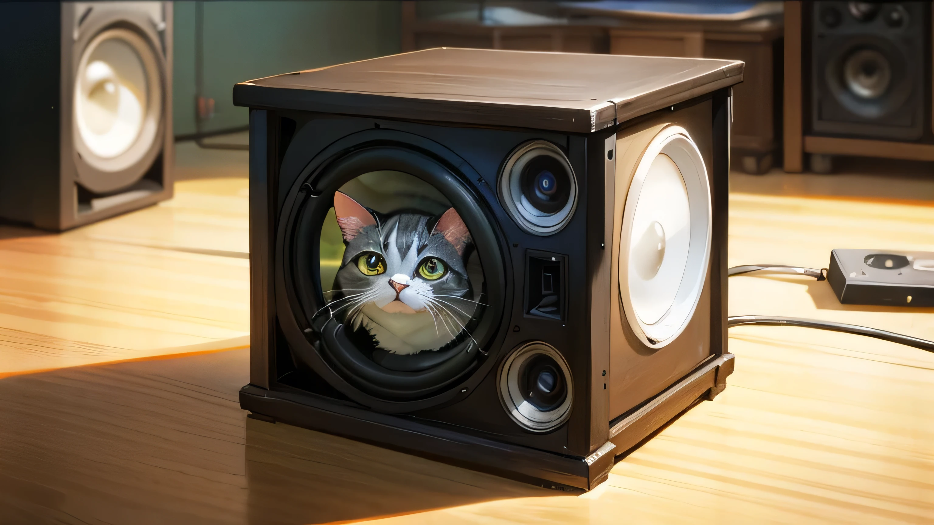Room with speakers、、Realistic close-up of a cat、noon