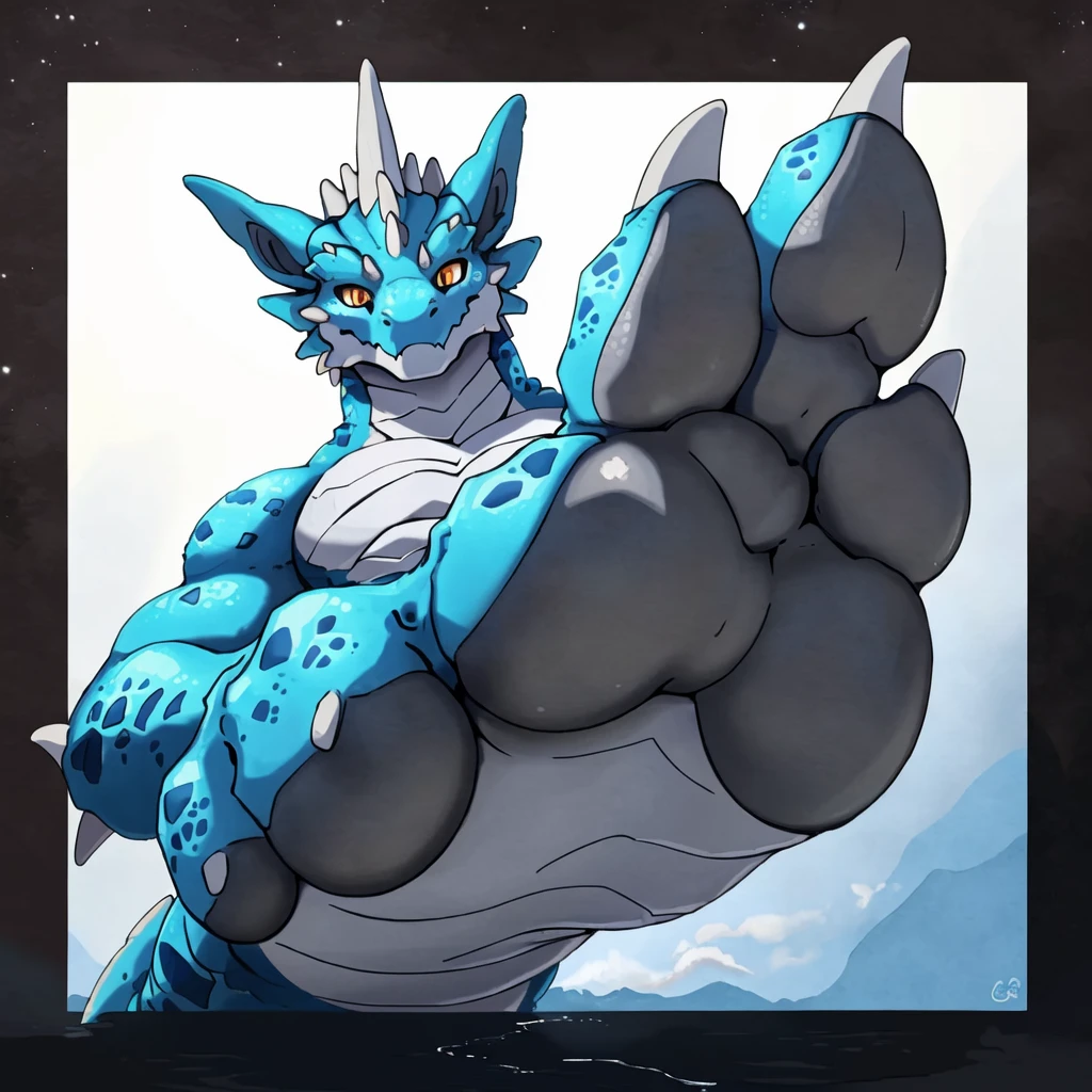 anthro, giant grey dragon, looking down, looking at viewer, viewer looking up, standing above, macro, foot focus, solo, good lighting, focus on feet, raised foot, focus on sole, sole of foot, focus on underside of foot, kaiju