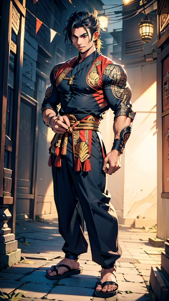 Men, muscular, Javanese costume, tight, wearing batik cloth, mode anime 3D