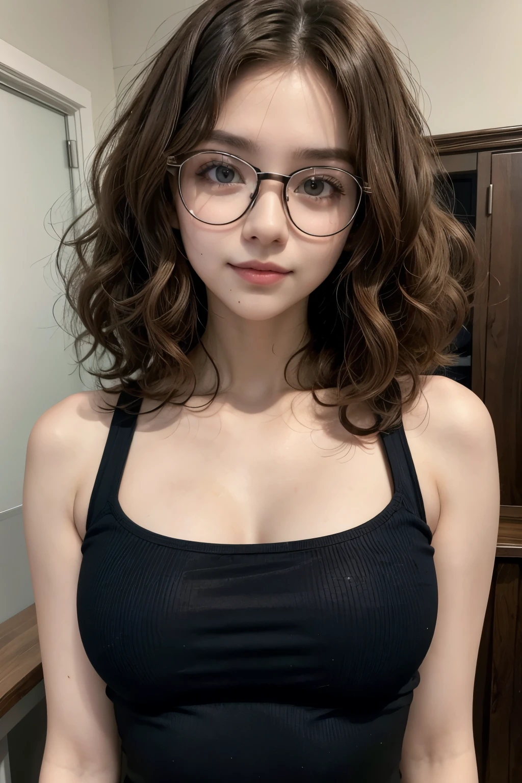 Slim girl with curly hair wearing glasses