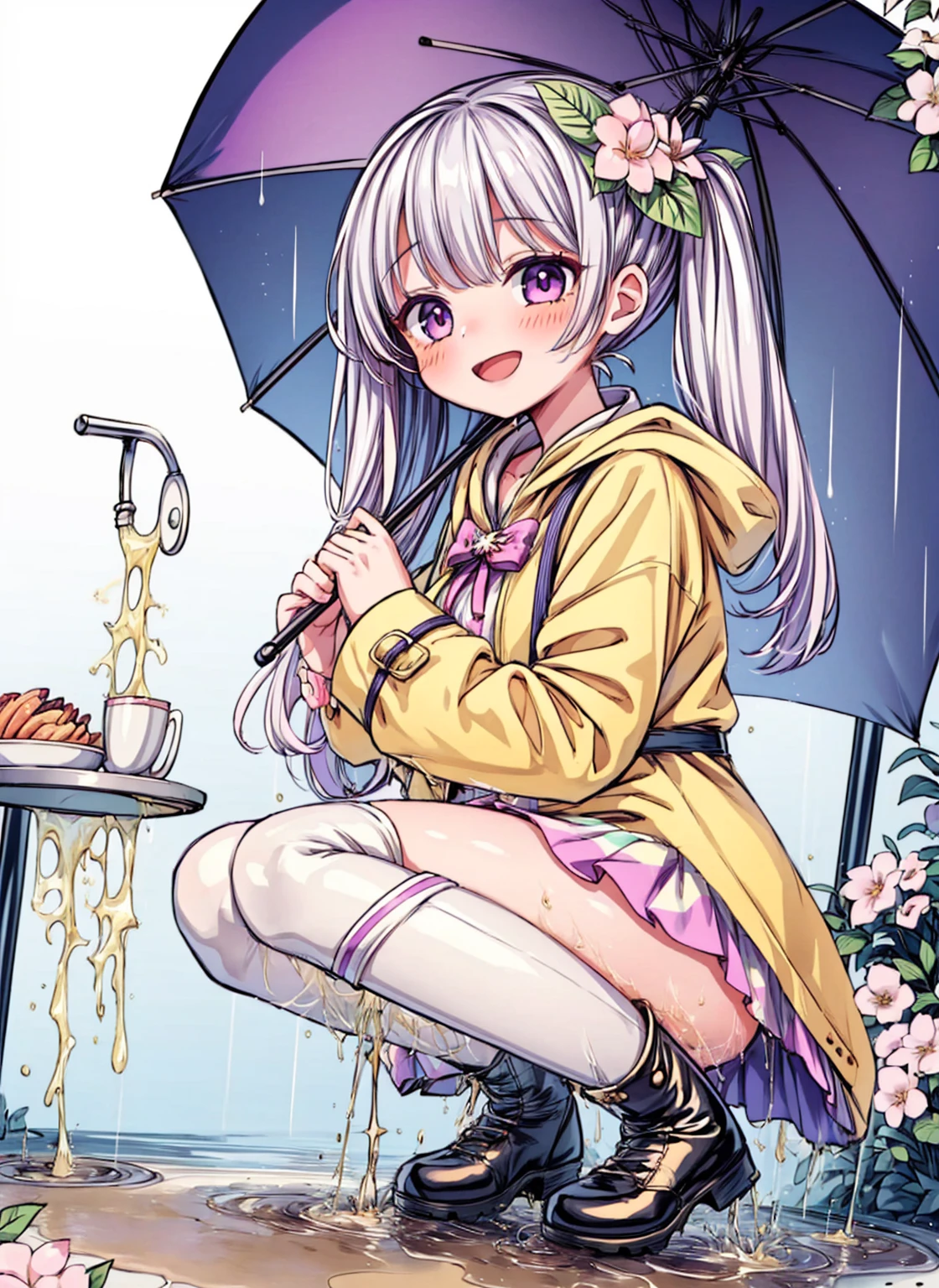 One Girl,rainbow,raincoat,yellow raincoat,rubber Knee-high boots,Hydrangea,flower,Long Hair,Twin tails,Knee-high boots,blush,umbrella,Open your mouth,hair ornaments,Food,alone,Terboz,very Long Hair,Food up,Long sleeve,Low Ponytail,bow,bangs,smile,animal Food,closed umbrella,puddle,Cowboy Shot、squat,:d,Yellow footwear, background,pink flower,Are standing,leaf umbrella,Holding umbrella,food-themed hair ornaments,hair bow,animal ears,Holding,bionde,hair flower,rain,animal,Gray Hair、Light purple eyes、Bob Hair、Laughter、Purple Raincoat、(((((heavy,Girl who pees in front of her)))),((Girl peeing forward、A girl urinating vigorously in front of her、Girl urinating a lot in front)), NSFW,Golden liquid dripping from her ass),Shy girl