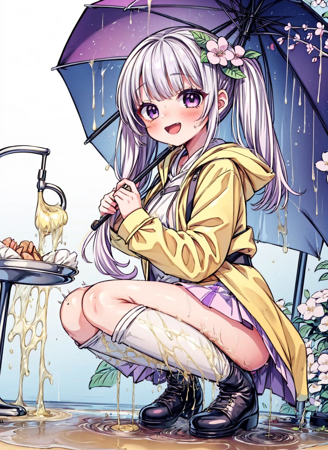 One Girl,rainbow,raincoat,yellow raincoat,rubber Knee-high boots,Hydrangea,flower,Long Hair,Twin tails,Knee-high boots,blush,umbrella,Open your mouth,hair ornaments,Food,alone,Terboz,very Long Hair,Food up,Long sleeve,Low Ponytail,bow,bangs,smile,animal Food,closed umbrella,puddle,Cowboy Shot、squat,:d,Yellow footwear, background,pink flower,Are standing,leaf umbrella,Holding umbrella,food-themed hair ornaments,hair bow,animal ears,Holding,bionde,hair flower,rain,animal,Gray Hair、Light purple eyes、Bob Hair、Laughter、Purple Raincoat、(((((heavy,Girl who pees in front of her)))),((Girl peeing forward、A girl urinating vigorously in front of her、Girl urinating a lot in front)), NSFW,Golden liquid dripping from her ass),Shy girl