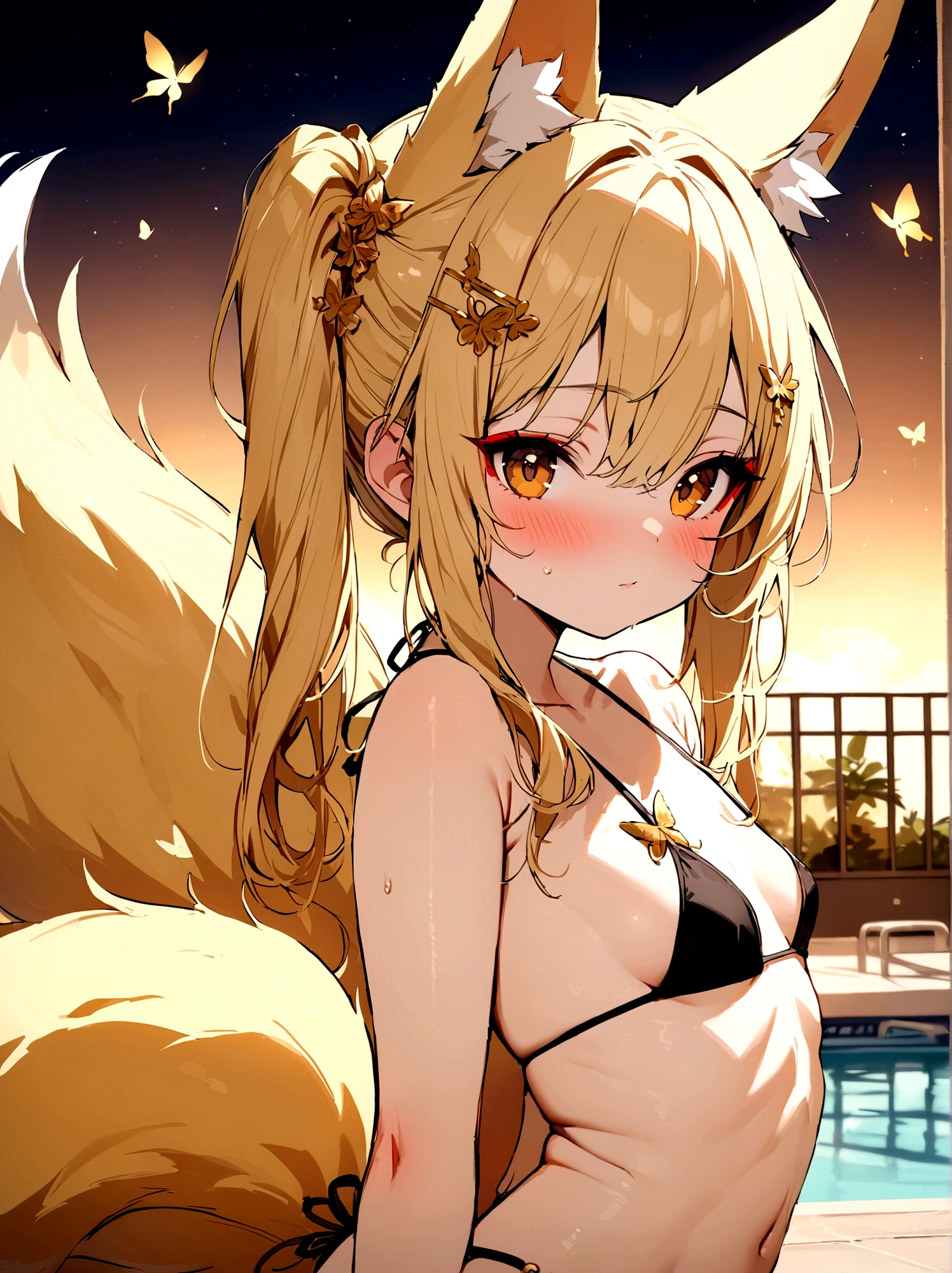 (masterpiece, best quality) junior,detailed, (beautiful,small breasts), blonde,long hair, side ponytail(tied to the left),Hairpin decoration with gold butterfly, elegant, (fox ears),nine tailed fox tail(9), red eyeshadow, golden eyes, femur,swimsuit(bikini),Pool Background,girl,BLUSH