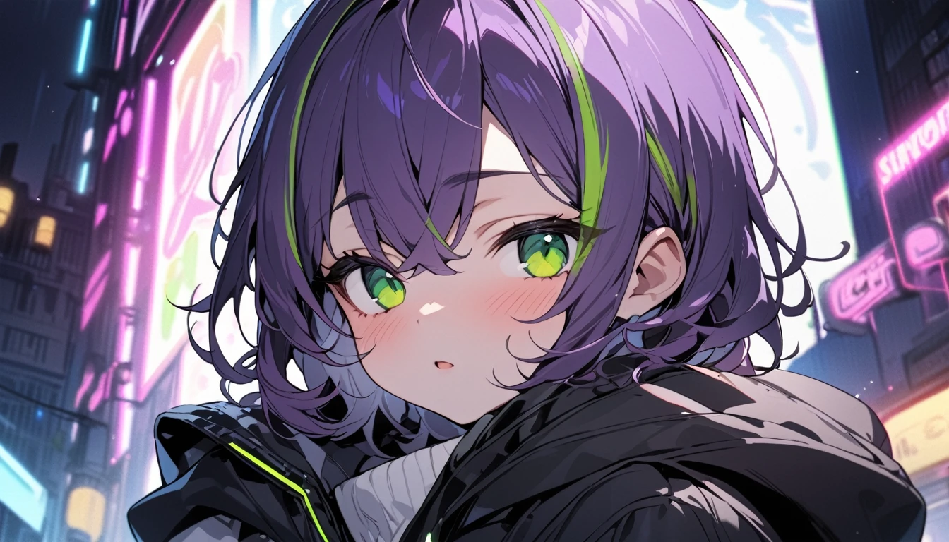 [(WHITE BACKGROUND:1.5),::5], ((((masterpiece)))), high quality, ultra very high resolution, full color, (((solo))), (()), Purple hair, ((Green streaked hair)), (Green eyes), anime, neon light, black parka, 