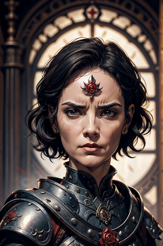 Short cropped hair, a 50-year-old woman in the 17-century Female battle scared warrior leader of the order of the scarlet rose, guilty conscious expression, determined facial expression. Black hair. Female.
