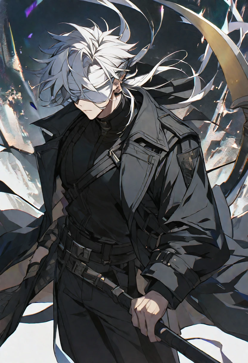 Solo, 1 male, white hair, white blindfold, black shirt, black coat, white scythe