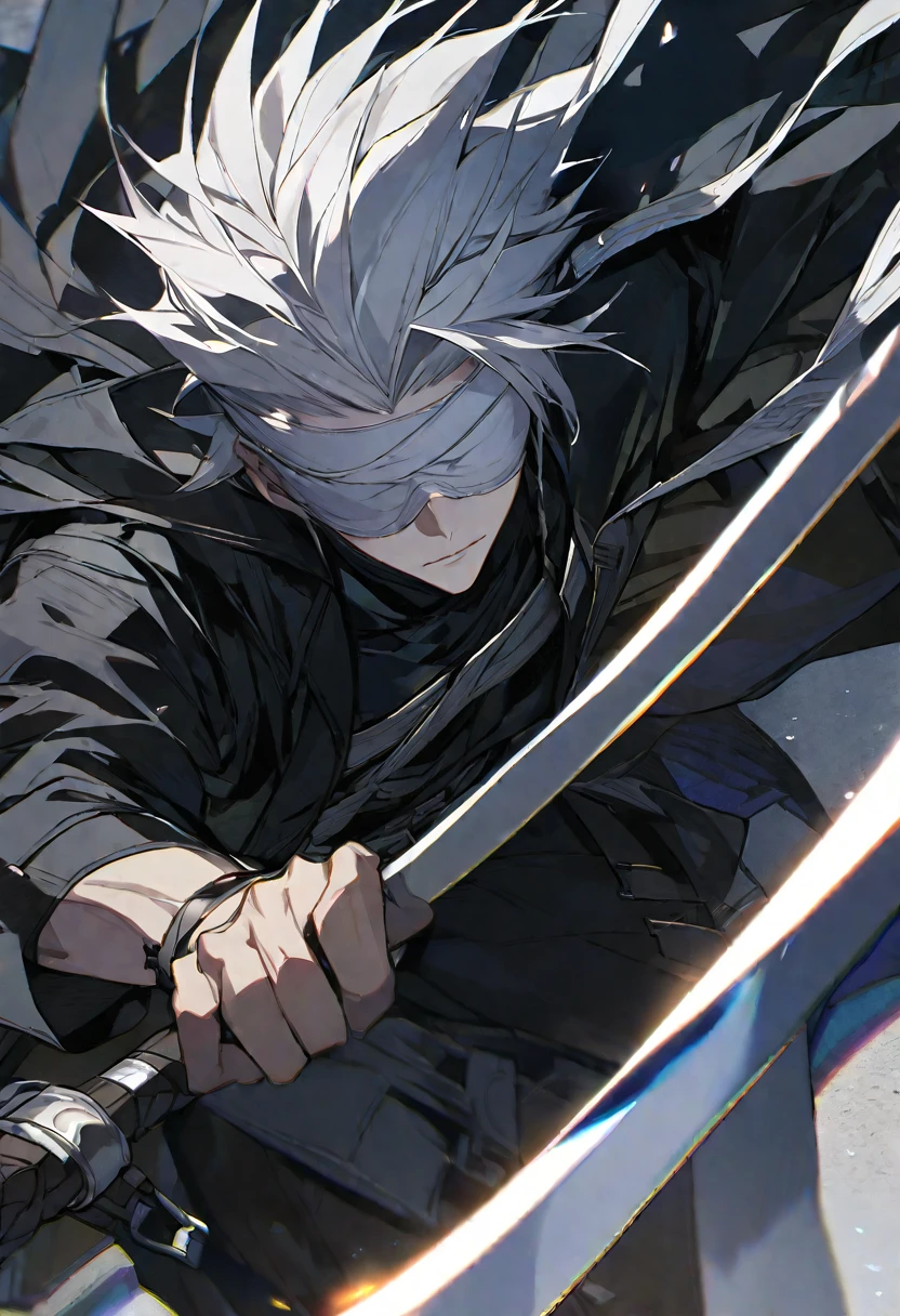 Solo, 1 male, white hair, white blindfold, black shirt, black coat, white scythe