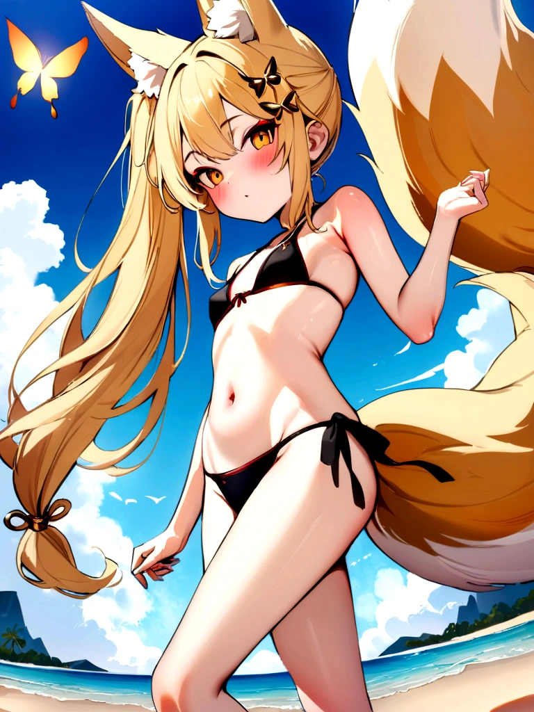(masterpiece, best quality) junior,detailed, (beautiful,small breasts), blonde,long hair, side ponytail(tied to the left),Hairpin decoration with gold butterfly, elegant, (fox ears),nine tailed fox tail(9), red eyeshadow, golden eyes, femur,swimsuit(bikini),Beach Background,girl,BLUSH