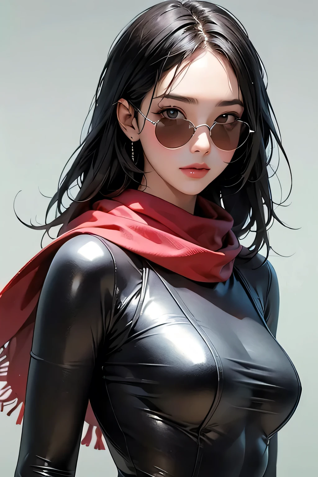 (masterpiece, best quality, 8k wallpaper, high resolution, ultra realistic), 1 woman, 1 girl with sunglasses, 18 years old, black hair (long hair,), 8k, RAW portrait (Japanese woman), masterpiece, photorealistic: 1.3, realistic, ultra high resolution, best quality, real life photo, (in the evening: 1.1), ((((1 girl: 1.5))))(cute face: 1.3), perfect proportions, 80s oversized sunglasses, long hair, steampunk, Col: white/green, face retouch, labrador, robot suit, chrome skin, savvy, anime cosplay, cyber enhanced, skin color – silver, slim bodysuit, red scarf, light colored background, two people posing.
