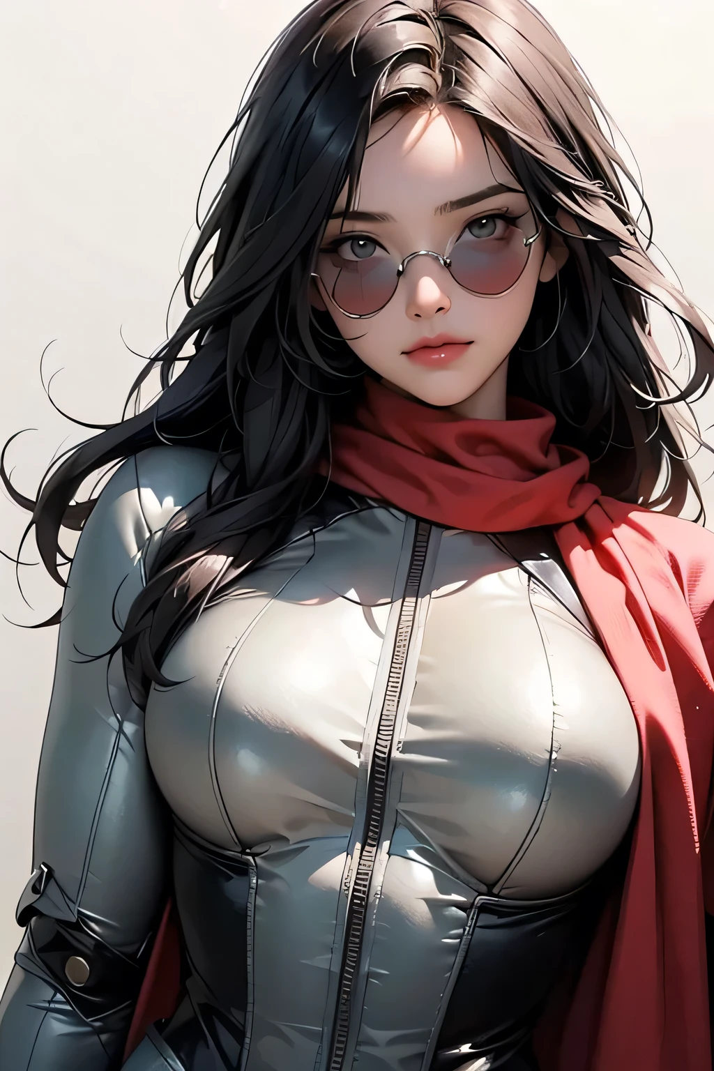 (masterpiece, best quality, 8k wallpaper, high resolution, ultra realistic), 1 woman, 1 girl with sunglasses, 18 years old, black hair (long hair,), 8k, RAW portrait (Japanese woman), masterpiece, photorealistic: 1.3, realistic, ultra high resolution, best quality, real life photo, (in the evening: 1.1), ((((1 girl: 1.5))))(cute face: 1.3), perfect proportions, 80s oversized sunglasses, long hair, steampunk, Col: white/green, face retouch, labrador, robot suit, chrome skin, savvy, anime cosplay, cyber enhanced, skin color – silver, slim bodysuit, red scarf, light colored background, two people posing.