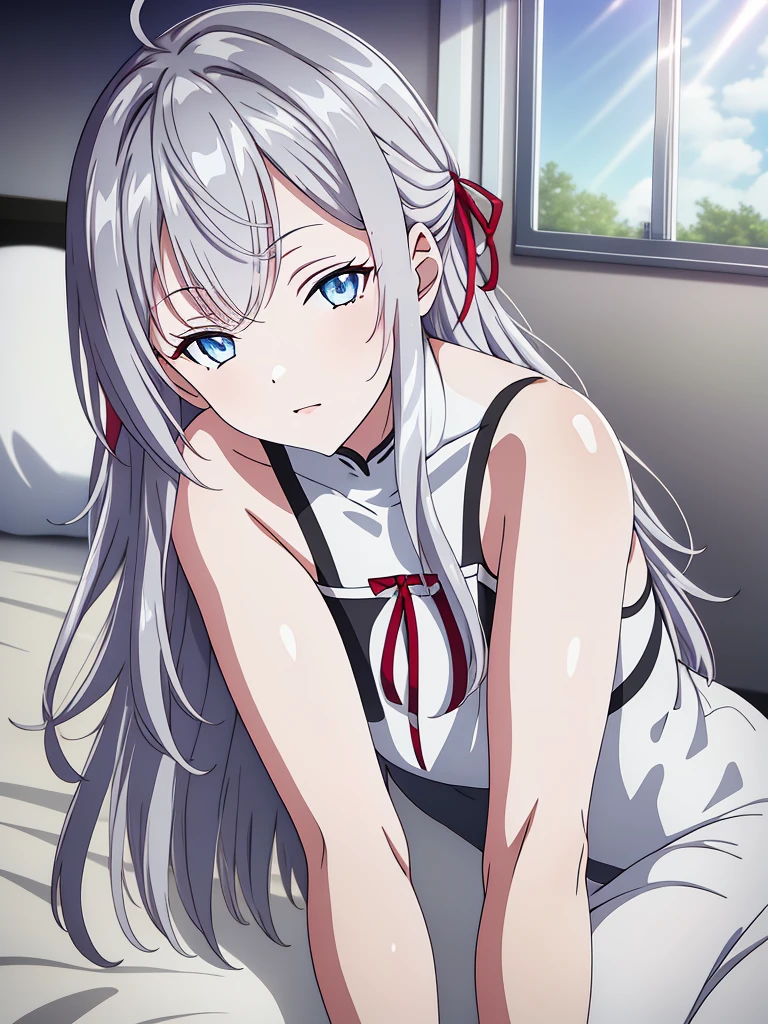 laying on the bed, Alya, 1girl, solo,shine light blue-,perfect light blue eyes, shine White skin ,shine White skin,shine skin, medium long hair, looking at viewer, red ribbon in the hair, gray-lilac hair, silver-licac hair, gray light lilcac hair, silver-lilac light gradient