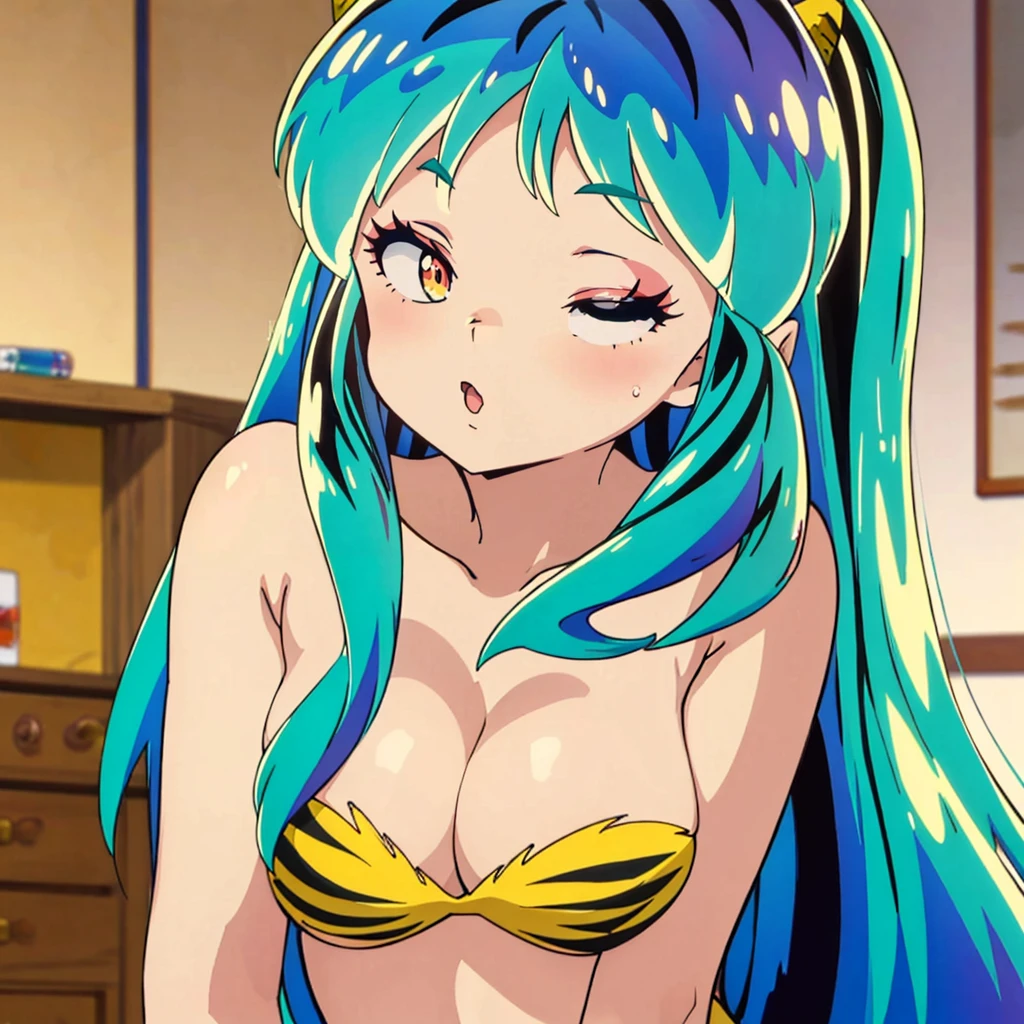 masterpiece, Highest quality, 1 Girl, Lum, 比基尼, anime, Face close-up, Charm, 18-year-old, Ahegao, My hair is messy, Open your mouth slightly, lipstick, sexy, painful, Being spoiled, Sleeping with eyes closed

