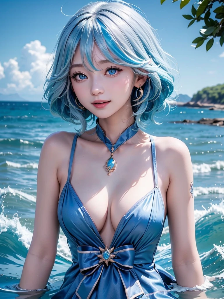 1girl、独奏、looking at the audience、Smile、medium long hair、open mouth、bangs、blue eyes、bare shoulders、jewelry、Upper body、blue hair、earrings、O cabelo multicolorido、collar、virtual_youtuber、vest、water、Off the shoulders、striped hair、tattoo、Floating hair、Headband、Beautiful detailed sky,Beautiful and delicate water,泼water,Sunlight,Ray tracing,masterpiece,facing the camera