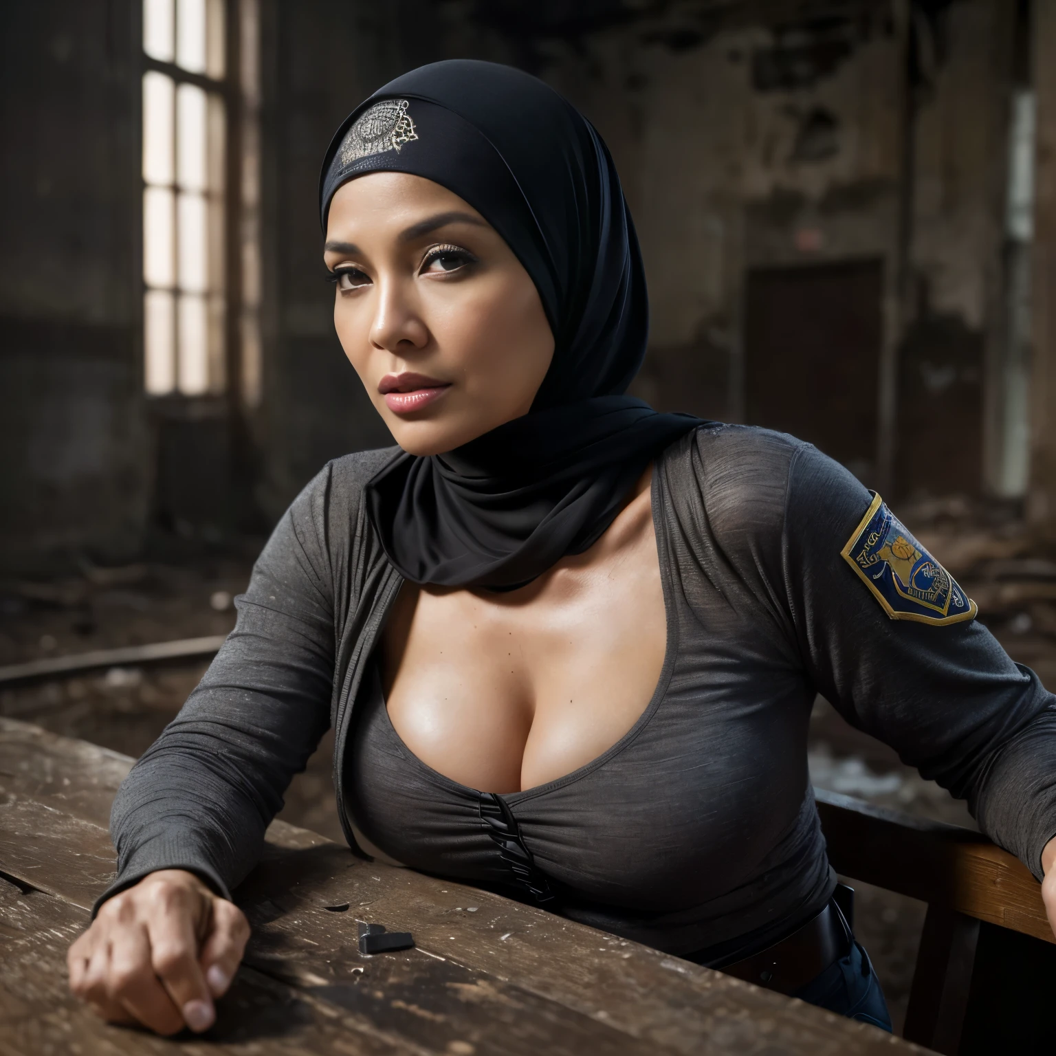 128K HDR, hight resolution, (masterpiece, Best Quality, hyper realistic photography), ((1girl in)), (Super Mature woman :1.2, realistic Mature face:1.2, 53age), (((Mature Woman with mix American-Indonesian Descent))), ((Hijab)), slim body, Cool Beauty Face, (Bob Short, Detailed Five Fingers), (ultra gigantic cleavages:1.35 breast Out Of Clothes :1.5 , realistic police officer uniform:1.5, Unbuttoned:1.15, gun t), hyper detailed mature face, ultra detailed mature skin texture, (In a realistic abandoned buildings:1.3, Dark atmosphere:1.25), ((being tied up at Table)), after Being Rape Scene.