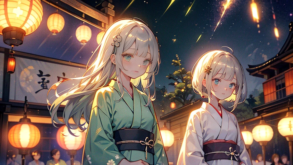 ♥(Beautiful Japanese floral kimono,yukata),((One girl,cute,young,Beautiful medium-long silver-green hair,Blunt bangs,A Tale of Twins,Beautiful green eyes)),(alone),((masterpiece, Highest Resolution,Highest quality)), (Beautiful illustrations),(Beautiful Japanese floral kimono,yukata),
(Looking at the audience), An innocent smile,Cinema Lighting,Japanese Festivals,Stall,firework,Night Sky,full moon,shooting star,