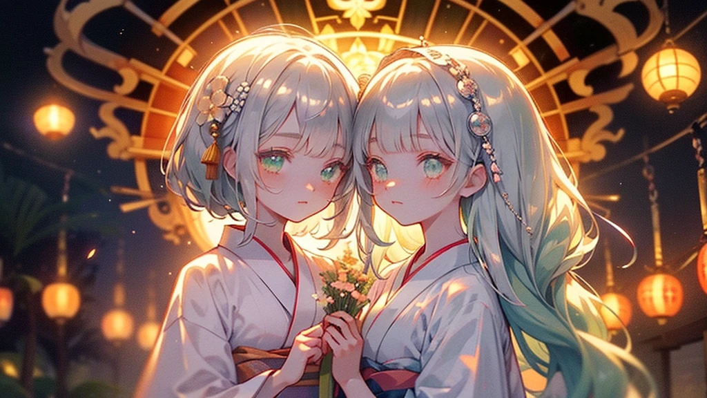 ♥(Beautiful Japanese floral kimono,yukata),((One girl,cute,young,Beautiful medium-long silver-green hair,Blunt bangs,A Tale of Twins,Beautiful green eyes)),(alone),((masterpiece, Highest Resolution,Highest quality)), (Beautiful illustrations),(Beautiful Japanese floral kimono,yukata),
(Looking at the audience), An innocent smile,Cinema Lighting,Japanese Festivals,Stall,firework,Night Sky,full moon,shooting star,
