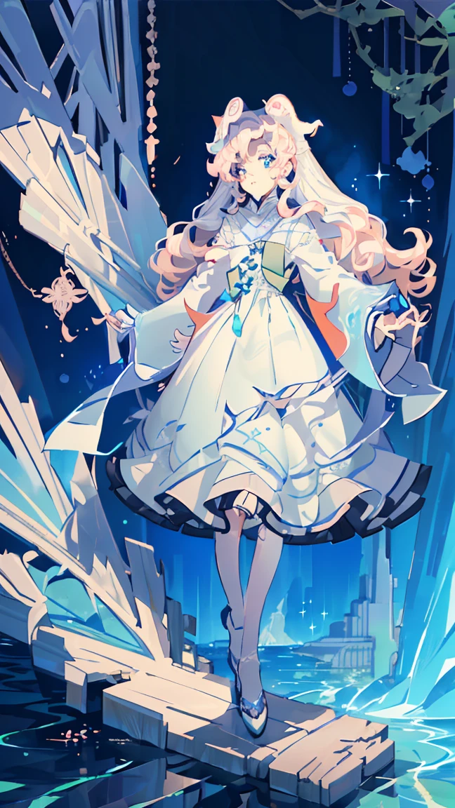 ((full body: 2)),((tachi-e:2.0)), ((character chart:1.5)),((UHD, masterpiece, super detail, best quality, highres, 8k)), (detailed line art), perfect face, Human, ca. 20 yrs, (1 female), (light pink hair:1.0, fluffy hair;1.0, long hair:1.0, half up:1. 5 ), (image of Pisces, sea, water surface), (light blue and light purple eyes:1.0, (( gradation eyes:1.5)), round eyes, droopy eyes, droopy eyebrows), ((Sweet Lolita style outfit:1.5), light blue Lolita dress:1.5 water surface pattern drapes and ruffles:1.0, silver and jeweled ornaments and accessories:1.5), nautical cross-strap pinwheels), smiling