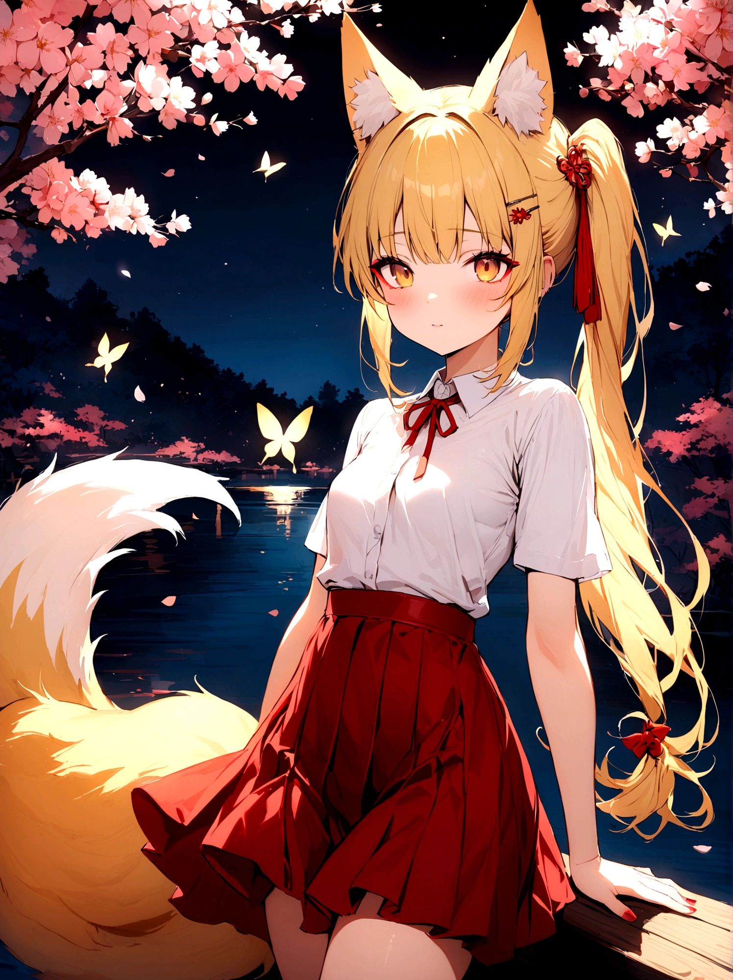 (masterpiece, best quality) junior,detailed, (beautiful,small breasts), blonde,long hair, side ponytail(tied to the left),Hairpin decoration with gold butterfly, elegant, (fox ears),nine tailed fox tail, red eyeshadow, golden eyes, femur,white shirt,free,red skirt,cherry blossom tree lake background,lake illuminated by moonlight,girl,yandere