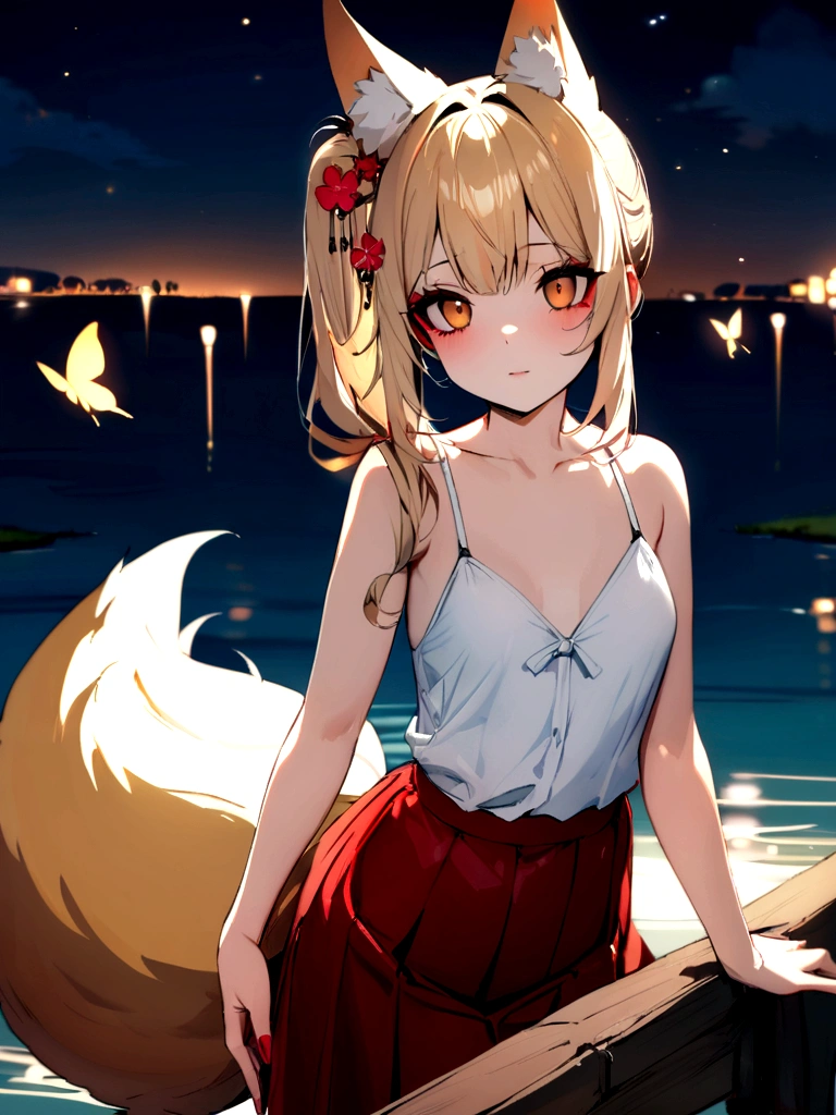 (masterpiece, best quality) junior,detailed, (beautiful,small breasts), blonde,long hair, side ponytail(tied to the left),Hairpin decoration with gold butterfly, elegant, (fox ears),nine tailed fox tail, red eyeshadow, golden eyes, femur，white shirt,free,red skirt,cherry blossom tree lake background,lake illuminated by moonlight,girl,yandere