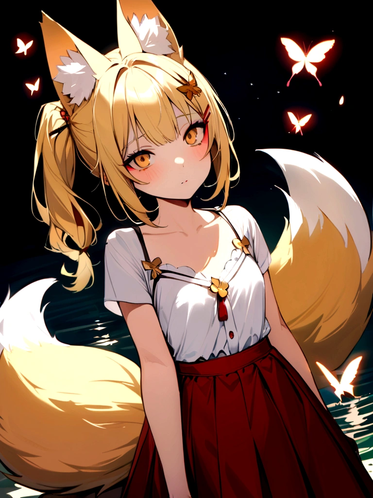 (masterpiece, best quality) junior,detailed, (beautiful,small breasts), blonde,long hair, side ponytail(tied to the left),Hairpin decoration with gold butterfly, elegant, (fox ears),nine tailed fox tail, red eyeshadow, golden eyes, femur,white shirt,free,red skirt,cherry blossom tree lake background,lake illuminated by moonlight,girl,yandere