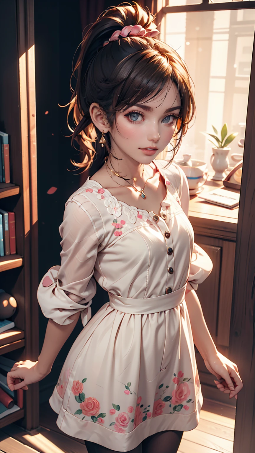 Drawing of a girl in a ponytail and dress, cute 3d rendering, cute detailed digital art, mini cute girl, cute digital painting, 3D rendering style, cute digital art, cute rendering 3d anime girl, Small Curvy , cute! C4D, One character's whole body, Standing on a white pedestal