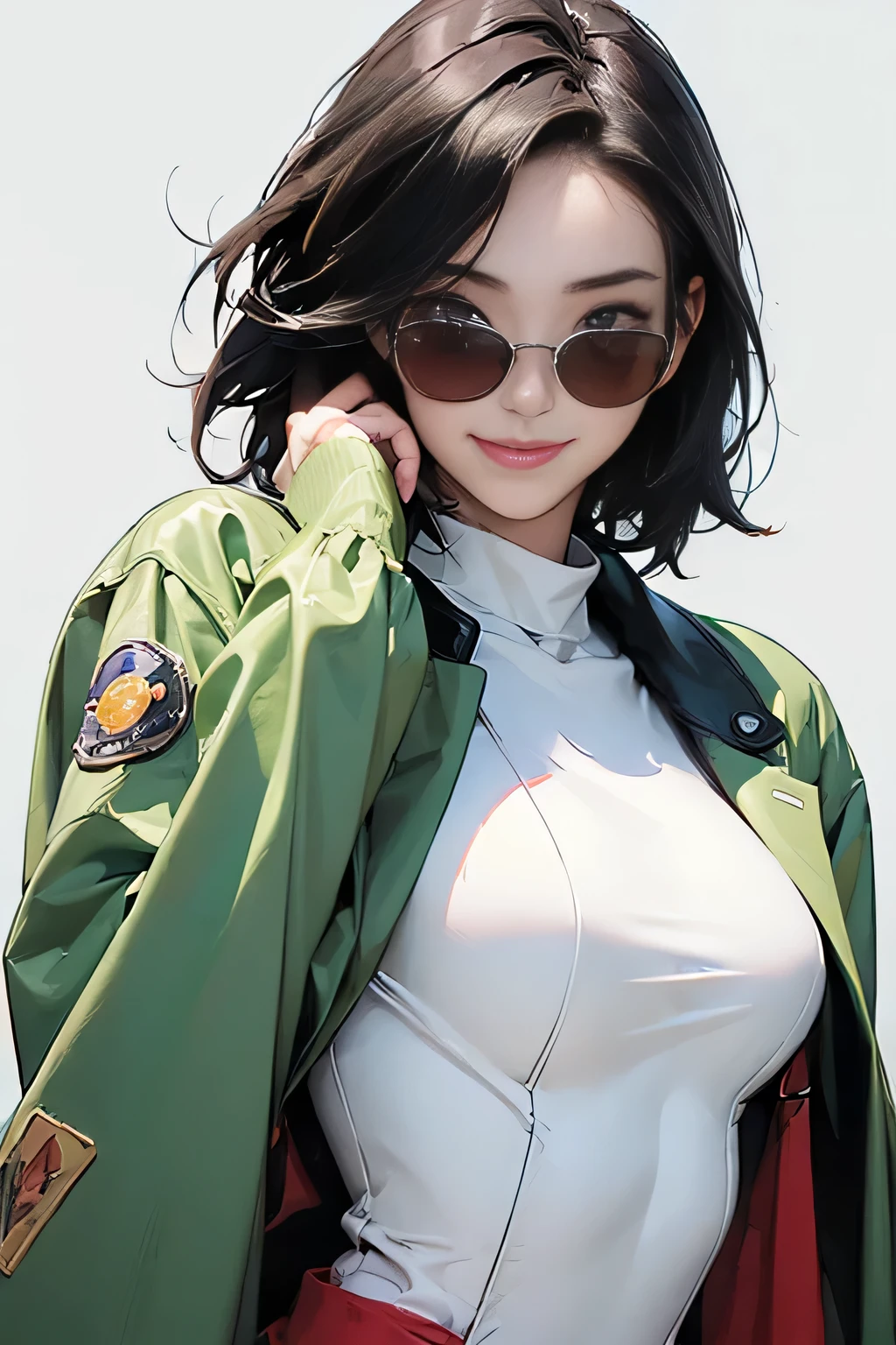(masterpiece, best quality, 8k wallpaper, high resolution, ultra realistic), 2 women, 2 girls wearing sunglasses, 18 years old, one with long black hair and one with short bob hair, 8k, RAW portrait (Japanese women), masterpiece, photorealistic: 1.3, realistic, ultra high resolution, best quality, real life photo, (in the evening: 1.1), ((((1 girl: 1.5))))(cute face: 1.3), perfect proportions, 80s oversized sunglasses,, steampunk, col: white/green, face retouch, labrador, robot suit, chrome skin, savvy, anime cosplay, enhanced cyber, skin color –, slim bodysuit, red scarf, light color background, two people posing. smiling, looking at you and smiling, grinning,