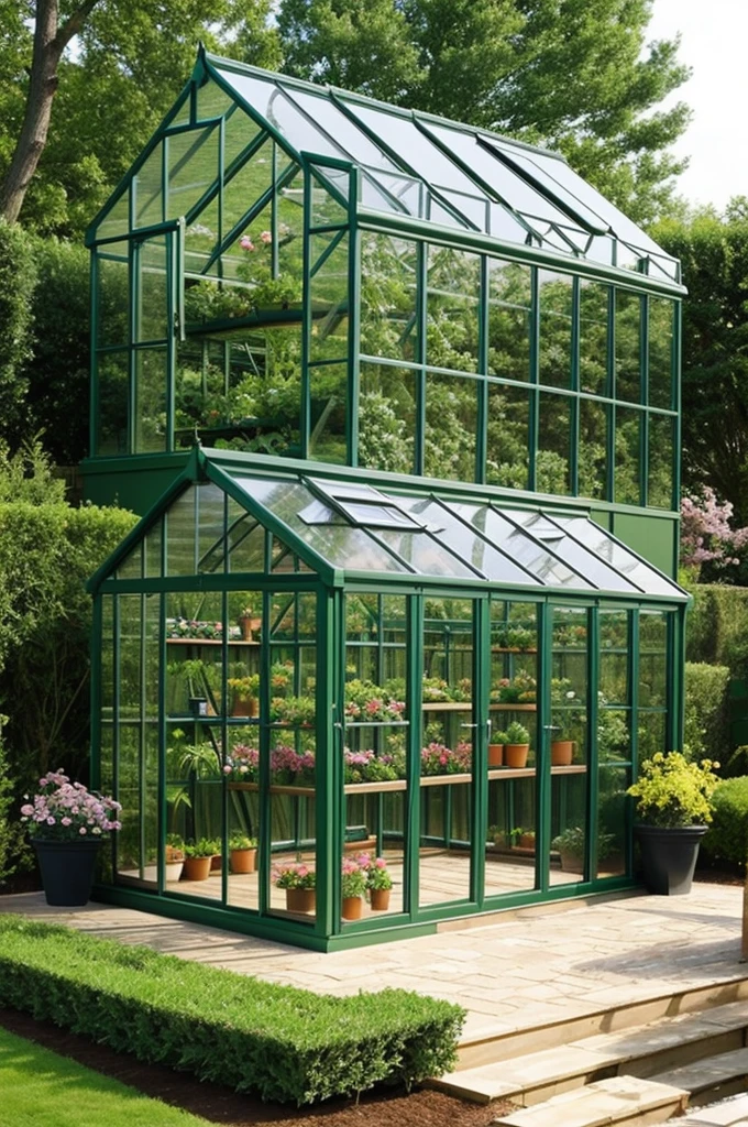 Design a beautiful prefabricated garden greenhouse. Green trees.