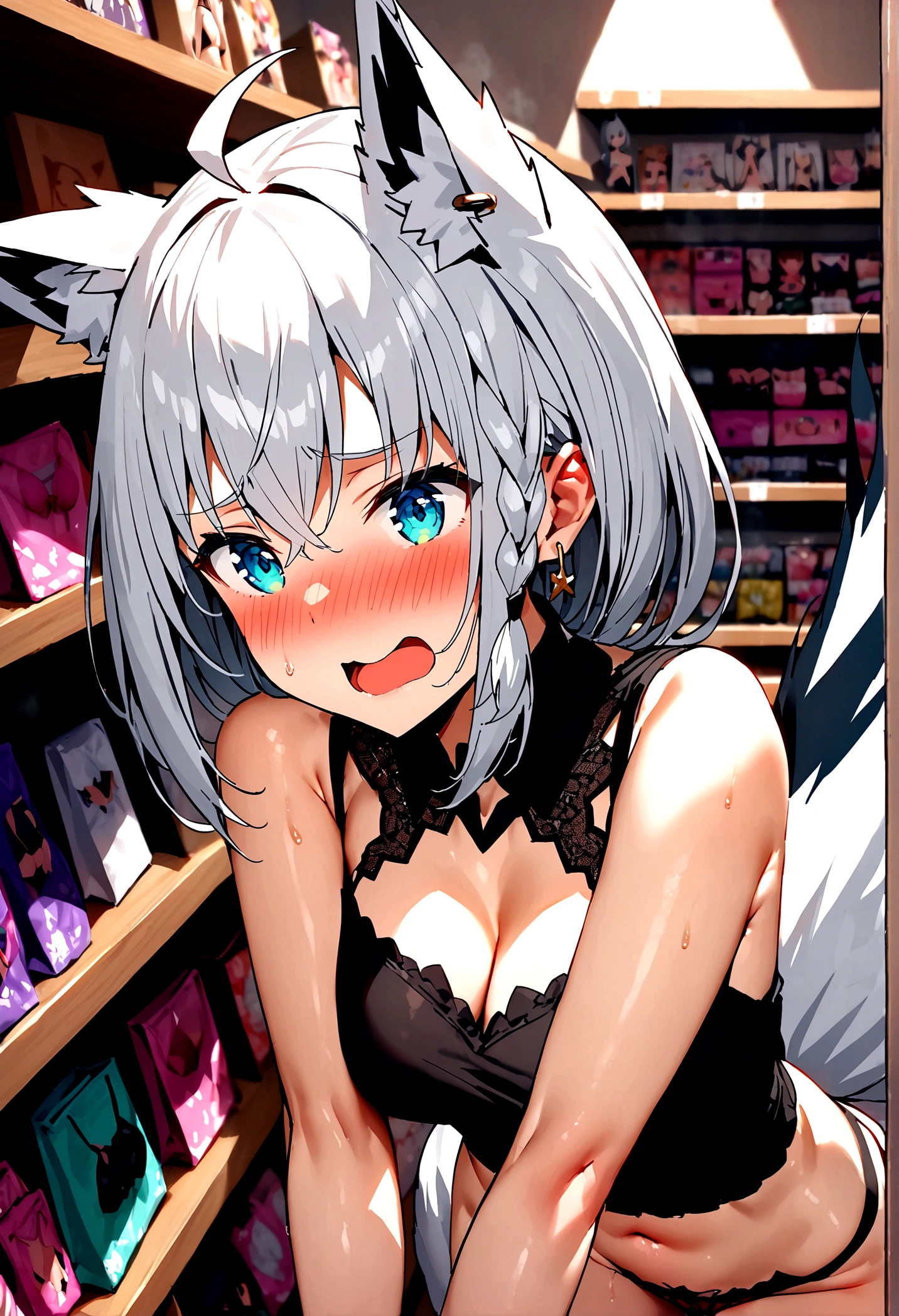 NSFW,masterpiece,Highest quality,High resolution,Super detailed,Shirakami Fubuki\(Hololive\),Gray Hair、One-sided braid、Ahoge、Earrings,Fox ears,Fox tail,Crop top shirt,Sleeveless,Embarrassed,blush,Expecting face,(Ecstasy face),(Adult Shop),(Underwear section),(Naughty shop),Cute pose,Date,(Seduce),(Middle-aged men),(Having sex),Insert your dick,Creampie,(Squirting),(rape),From the back