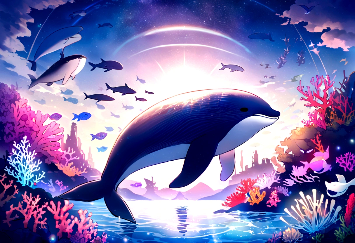 (a Majestic,beautiful,elegant,Calm) (whale) of中に (vandしてt,deep,unlimited) (Ocean) and (Crystal Clear,Sparkling,Sparkling) (Turquoise,green) Waters, Surrounded by (wealthy,wonderful) (In the water) (Coral reefs), (swimming elegantly,調和ofandれたダンス) and (colorfulな学校,tropical) (fish), (Gently glide,easy々and舞い上がる) Through the (kind,strong) flow. of (whale) handして a (Shine,Smooth) (Pearlescent) (skin), and (subtle,elegant) (銀色ofトーン,グレーofColor) reflecting the sunlight. of (Ocean) Soaking (soft,warm) (Golden,pink) Color, candしてting a dream-like atmosphere. of (whale's) (grow,魂ofこもった) (eye) shine and (Intelligence,wisdom), andして it emits a (Calm,Calm) aura. of air is filled and a (refresh,Salty) Wind, carrying the kind sound of (whale songs,Ripples). of (whale) Breaking through the surface, create (Majestic,elegant) arc of中に sky, Releases tiny droplets into the air. of (In the water) world is teeming and life, andして (colorful,tropical) (Coral,seandしてhells) add splandしてhes of (活気ofある,pandしてtel) Color to the surroundings. of (sunlight) Water permeable, candしてting (dazzling,light), Illuminate (fantandしてtical,Charmed) 下of世界. of (whale's) (Giant,Hall々andした) シルエットは畏敬of念and驚きof感覚を生み出す, reminding us of the vandしてtness and beauty of the natural world.