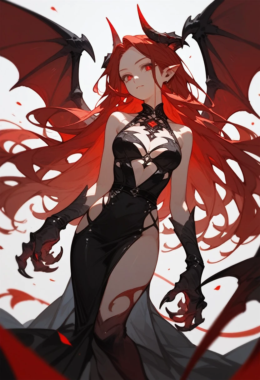(score_9,score_8_up,score_7_up),1girl,girl demon,red hair,red eyes,wings,claws,black dress,beautiful_face,